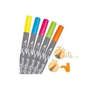 5 Stylos-Pinceaux 1 Pointe de Calligraphie et Pointe Pinceau - Couleurs Néon