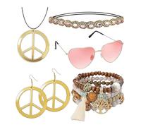 5-teiliges Hippie Accessoires Set für Damen - Collier et boucles d'oreilles symbole peace, bandeau Boho en cristal, lunettes de soleil rétro, bracelet en perles de bois arbre de vie - Costume