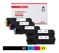 TONER 593-10258 593-10258 Noir x2 + Cyan + Magenta + Jaune x 5 Compatible pour DELL-NOPAN-INK Dell 1320c 1320cn
