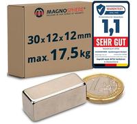 5 x Aimant rectangulaire Bloc magnétique 30 x 12 x 12 mm Néodyme (NdFeB) Nickelé - Force 17,5 kg - Parallélépipède magnétique - 5 pièces - Aimants super puissants pour l'industrie et la maison