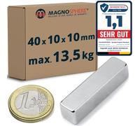5 x Aimant rectangulaire Bloc magnétique 40 x 10 x 10mm Néodyme (NdFeB) Nickelé - Force 13,5 kg - Parallélépipède magnétique - 5 pièces - Aimants super puissants pour l'industrie et la maison