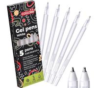5 X White Gel Pens With Tip Sizes 0.5, 0.7, 0.8, 1.0, 1.2 Mm, For Black Paper, Opaque White Pen