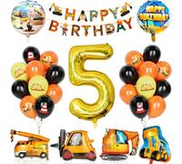 5 Year Construction Birthday Decoration, 29 Pieces Construction Party Supplies With Banner, Balloon Number 5 With Bulldozer Crane Forklift Balloons Shovels For Boys Children Party Construction