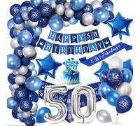 50 Ans Décoration Anniversaire Homme Chrome Bleu Argent,Royal Bleu Ballons Arch Kit avec Joyeux Anniversaire Bannière Cake Topper Nappe Birthday Sash Grand Ballon Numéro 50