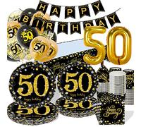 50 ans Decoration Anniversaire Vaisselle, Femme Homme Vaisselle de Fête avec Noir Or Ballons 50 Anniversaire Mariage, Carton Assiettes, Serviette Papier, Gobelet, Nappe, Bannière, Table Décor