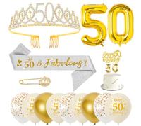 50 Ans Femme - Echarpe Couronne, Ballon Chiffre 50 Or, Bougies et Gâteau Topper pour Anniversaire 50e