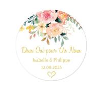 50 Autocollants Mariage PERSONNALISÉS - Deux Oui pour Un Nom Étiquette adhésive rond 40MM Cadeau d’invité Joints d'enveloppe pour dragées réception mariés Merci cartes -Rd 615 (05 fleur)