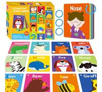 50 Cartes Flash cognitives pour bébé, imprimées Recto-Verso, 7 en 1 Cartes colorées Alphabet, Nombres, Aliments, Animaux, Formes, Couleurs avec 3 Anneaux refermables, Outil d'apprentissage