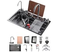 50 Cm De Large Evier De Cuisine Cascade Ensemble, Evier Multifonction Inoxydable Avec Robinet, Évier Affichage Numérique, Evier De Cuisine Nano Raindance Noir 1 Bac(Black-Grey A,70x50cm)