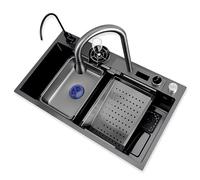 50 cm Wide Black Waterfall Kitchen Sink - Large acier inoxydable simple bassin avec rallonge en verre Rinser Drain Pipe & Station de travail (80 x 50 x 22 cm)