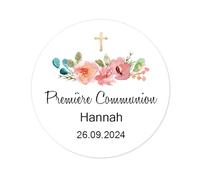 50 colombe Ma Première Communion Autocollants personnalisés Etiquettes Baptême adhésives Stickers pour Fête Merci cadeaux invités - Rd 612 (06 Floral et croix)