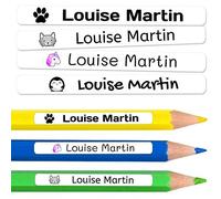 50 étiquettes adhésives personnalisées pour crayons. Autocollants scolaires avec nom pour marquer les objets. Stickers imperméables pour l'école. Mesure 4,6 x 0,6 cm