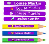 50 étiquettes adhésives personnalisées pour crayons, stylos et marqueurs. Autocollants scolaires avec nom pour marquer les objets. Stickers imperméables pour l'école. Mesure 4,6 x 0,6 cm