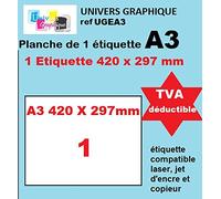 50 ex planche A3 avec 1 étiquette autocollante- Etiquette A3 420 x 297mm Etiquettes d'Affichage Format A3 - livré en boite rigide - marque univers graphique ref ugeA3