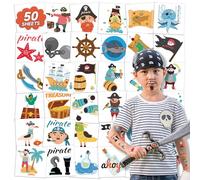 50 feuilles de tatouages pirates individuellement enroulés pour les enfants garçons, tatouages temporaires pour les faveurs de fête pirate fournit des décorations, des décorations de fête à thème