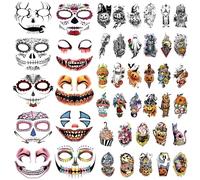 50 Feuilles Halloween Tatouage Temporaire Famille Ensemble Jour de Mort Citrouille Fantôme pour Femmes Faux Mort Crâne Floral Tatouages pour Hommes Enfants, Halloween Zombie Maquillage Tatouage Kit