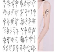 50 Fleurs Noires Tatouages ¿¿Temporaires Pour Hommes Femmes Bouquet Petit Tatouage Temporaire Plante Sauvage Autocollants De Tatouage