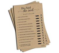 50 He Said She Said Jeu de fête de mariage en papier kraft rustique (50 feuilles) pour mariage, fiançailles, anniversaire, enterrement de vie de jeune fille (grande feuille)