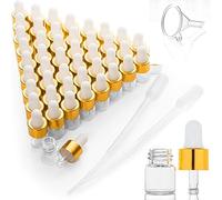 50 Pack mini flacons compte gouttes vides en verre avec bouchons dorés,flacons d'échantillons de parfum pour huiles essentielles, huiles corporelles et liquides (1 ml)