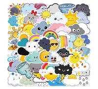 50 pcs Autocollants météo pour enfants et adolescents - Kawaii soleil, arc-en-ciel, pluie, orage, tornade - Vinyle, imperméable