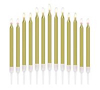 50 Pcs Bougie Gateau Anniversaire, Support Métallique Bougie, Longue Bougies d'Anniversaire Or une Bougies pour Décorations Gâteau Fête D'anniversaire Mariage, Or