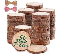 50 pcs Rondin de Bois Naturel 7-8cm avec Corde de 10 mètres, Craft Disques en Bois, Tranche de Bois, Découpe Parfaite pour Le processus de Bricolage Cadeau décoration