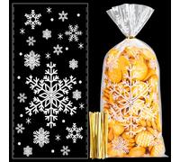 50 Pcs Sachet pour Biscuit Bonbon de Noel Durable e Transparent, Sachet de Alimentaire en Cellophane pour Biscuits avec 100pcs Cravates Torsadées pour la Fête de Noël (Flocon de Neige)