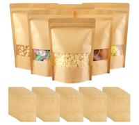50 Pièces 12x20cm Sachet Kraft Alimentaire,Pochette Sac Papier Kraft avec Fenetre,Sac en Papier Résistant à L'huile Réutilisables,Étanchéité Sachet Craft pour Noix Nourriture Grains de Café