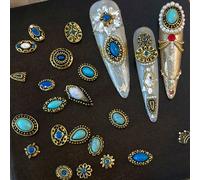 50 pièces Charms à ongles turquoise style occidental, bijoux de pierres précieuses 3D en alliage incrusté de turquoise, bordure métallique, stickers à ongles japonais. Convient pour les fournitures de