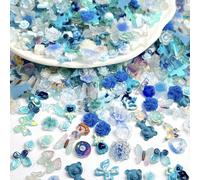 50 pièces de décorations d'art pour ongles bleu dessin animé aléatoires, nounours mignon, nœud, rose, pivoine, lys, en forme de cœur. Accessoires DIY pour ongles ABS
