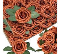 50 pièces Fleurs Artificielles Orange Brûlé Mousse Fausses Roses avec Tiges 12 Feuilles Aspect Réaliste Fausses Roses Terre Cuite pour Bouquets de Mariage Douche Nuptiale Centres de Table Arrangements
