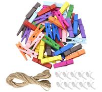 50 Pièces Mini Pinces à Linge Bois Colorées, 3.5 Cm Clips Photo en Bois avec Corde Jute pour Vêtements et Loisirs Créatifs