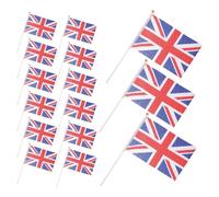 50 Pièces Petit Drapeau Britannique à Main, Polyester Satin | Format 20x14cm Mât 30cm, Style Agité, pour Événements et Fête Royaume-uni