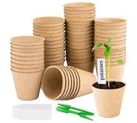 50 Pièces Pot Semis Biodégradable 8cm Bassin de Greffe en Fibresrond Pots de Semis Pots de Plantes avec 50 Étiquettes de Plantes et Paire d'outils de Jardinage pour Graine Plante Fleurs Légumes