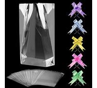 50 Pièces Sachet Bonbon Transparents 20 x 30 cm Sachets Transparents pour Biscuits avec 50 Couleurs Mélangées Nœuds à Tirer Sachet Plastique Plat pour Cadeaux Bonbon Biscuit Gateau Savon Jouets