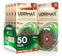50 Piles Auditives PR41 Taille 312 (Marron) Udirmax Zinc-Air 0% Mercure 1,45V Eco Pack - 5 Blisters Écologiques de 10 Piles