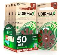 50 Piles Auditives Taille 312 Udirmax PR41 Marron Zinc-Air Eco Pack - 5 Blisters Écologiques de 10 Piles
