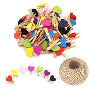 50 pinces à linge en bois mini cœur multicolores, petites pinces à linge multicolores avec cœur, pinces à linge en forme de cœur de 3 cm, minuscules pinces à linge avec ficelle pour affichage de
