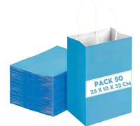 50 Sacs Cadeaux en Papier Kraft Bleu Clair 25x10x32 cm - Sac Cadeau Anniversaire - Sac Cadeau avec Poignées Torsadées, Idéal pour Emballage Cadeaux, Célébrations, Noël, Mariage, Fête