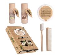 50 sets d'hygiène complets en coffret Bio. Pack de bienvenue pour hébergement touristique 5 pièces | 100% bio | Produits d'accueil pour hôtels et structures touristiques