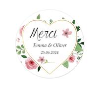 50 STICKERS Autocollants Merci PERSONNALISÉS pour mariage,40MM Forme de coeur étiquettes,labels floraux pour faveurs de Mariage/Baptême/Communion/Anniversaire/Fête/cartes Craft/dragees -Rd 349