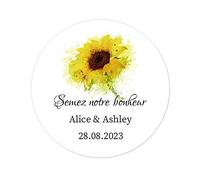50 STICKERS PERSONNALISÉS Autocollants Mariage, Semez notre bonheur 40mm TOURNESOL Étiquettes pour de Baptême,Fête, Communion de plantes/Graines De Fleurs/cadeau invité - Rd 049 (02)