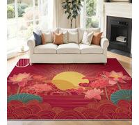 50 x 80 cm Tapis À Poils Courts Lavable, Rouge Traditionnel Chinois Nuages-Bon Augure Lotus Lune Tapis Salon, Doux Antidérapant Tapis Pour Entrée Intérieur, Chambre, Cuisine, Chambre D'enfant