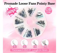 500-680-1000 pièces Éventails lâches prémontés 5D 6D 10D 20D 0,05 0,07 C Curl D Curl 8-15 mm Longueur des éventails prémontés 0,05 Épaisseur C Curl Extensions de cils faites à la main Faux cils volume