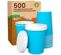 500 Gobelets en Carton Bleu pour Café à Emporter - Tasse Café 200ml avec COUVERCLES pour Servir le Thé, des Boissons Chaudes et Froides, Résistant à la Chaleur