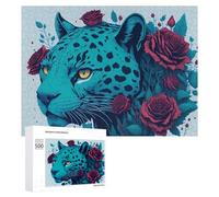 500 PCS Casse-têtes pour Adolescents Blue Leopard with Red Roses Casse-têtes pour Adultes Jeu Pratique Défi Difficile Cadeaux Uniques pour Anniversaire Et Noël 500 PCS