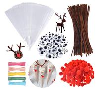 500 Pcs Fils chenilles Set,Cure Pipe Chenille Marron, Bring Pompons Rouges,Yeux Auto Adhésifs,Sacs De Biscuits,Convient à Pour Bricolage de Noël Fait à La Main