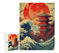 500 PCS Puzzle pour Adolescents Japanese Wave Red Moon Jeu De Puzzle pour Adultes, Casse-tête, Cadeau d'anniversaire, Défi Éducatif 500 PCS