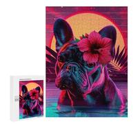 500 PCS Puzzle pour Adolescents Neon Bulldog with Flowers Puzzles pour Adultes - Défi Difficile - Activités Amusantes À La Maison pour Les Jeux 500 PCS