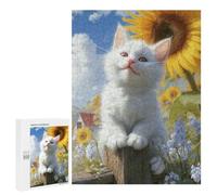 500 PCS Puzzle White Kitten with Sunflowers Puzzle pour Adolescents Course De Vitesse Manuelle Liste De Souhaits avec Le Père Noël Jouets Jeux Éducatifs 500 PCS